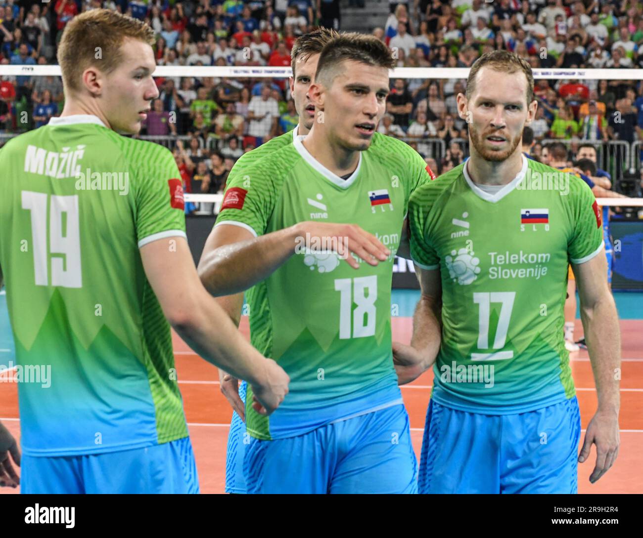 Slovenia national volleyball team celebrates the win against Ukraine