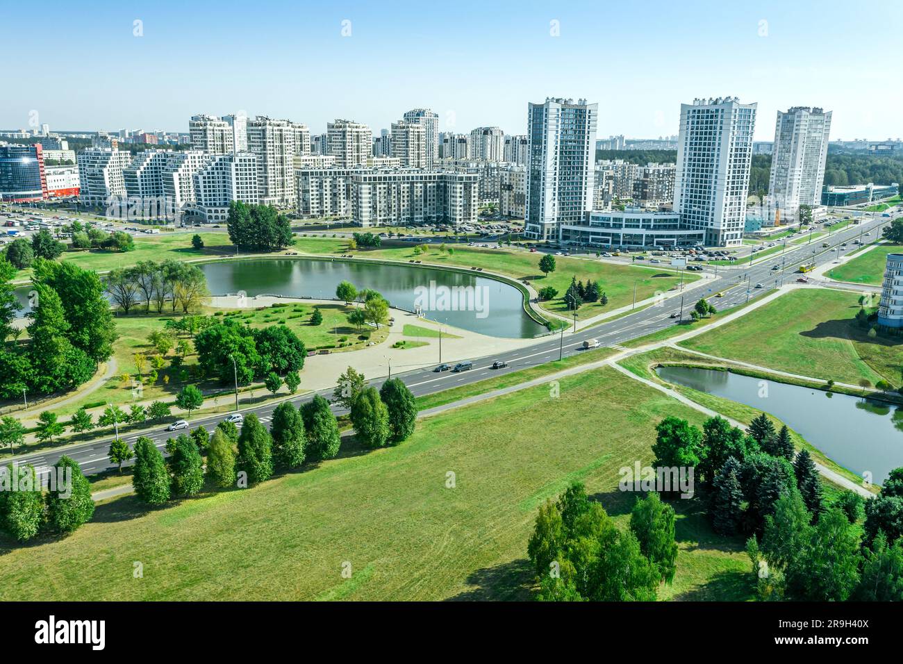 aerial panoramic view of city skyline in the sunny summer day on the ...