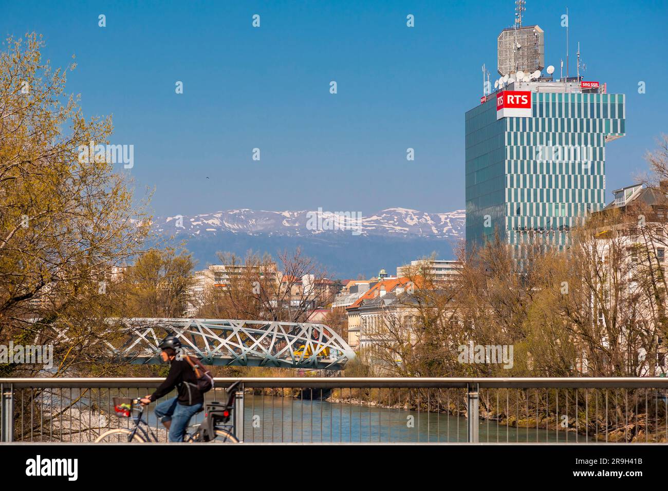 Geneva, Switzerland - MAR 25, 2022: Exterior of RTS, Swiss Radio Television building in Geneva, Switzerland. Stock Photo