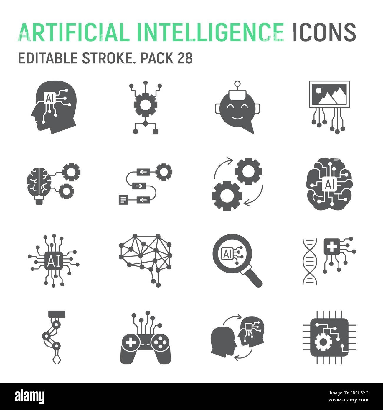 Artificial intelligence glyph icon set, technology collection, AI vector graphics, logo illustrations, solving vector icons, artificial intelligence concept signs, solid pictograms, editable stroke Stock Vector