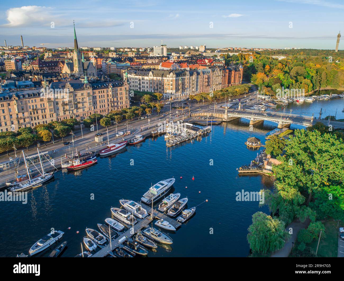Sweden Stockholm Aerial view of Strandvagen boulevard and Ostermalm district on a sunny day sunset. Stock Photo