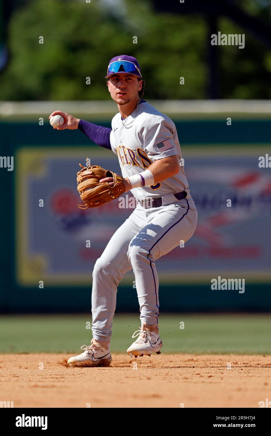 LSU infielder Ben Nippolt (5) warms up before an NCAA college baseball tournament super regional