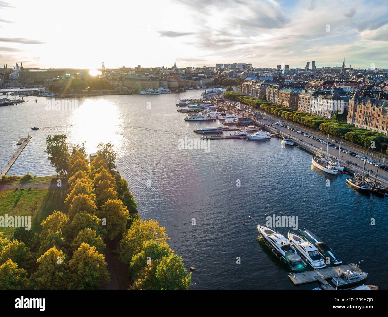 Sweden Stockholm Aerial view of Strandvagen boulevard and Ostermalm district on a sunny day sunset. Stock Photo