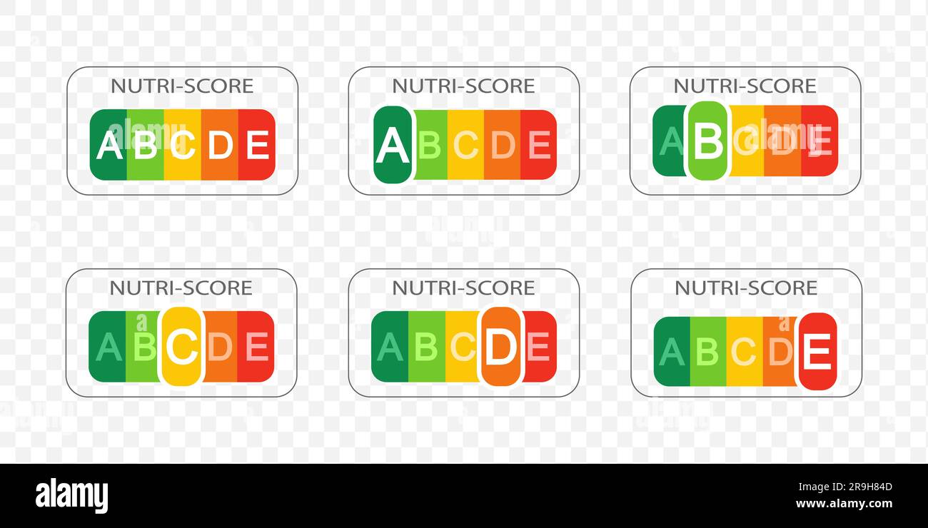 Collection of Nutri Score labels with gradation letters on transparent