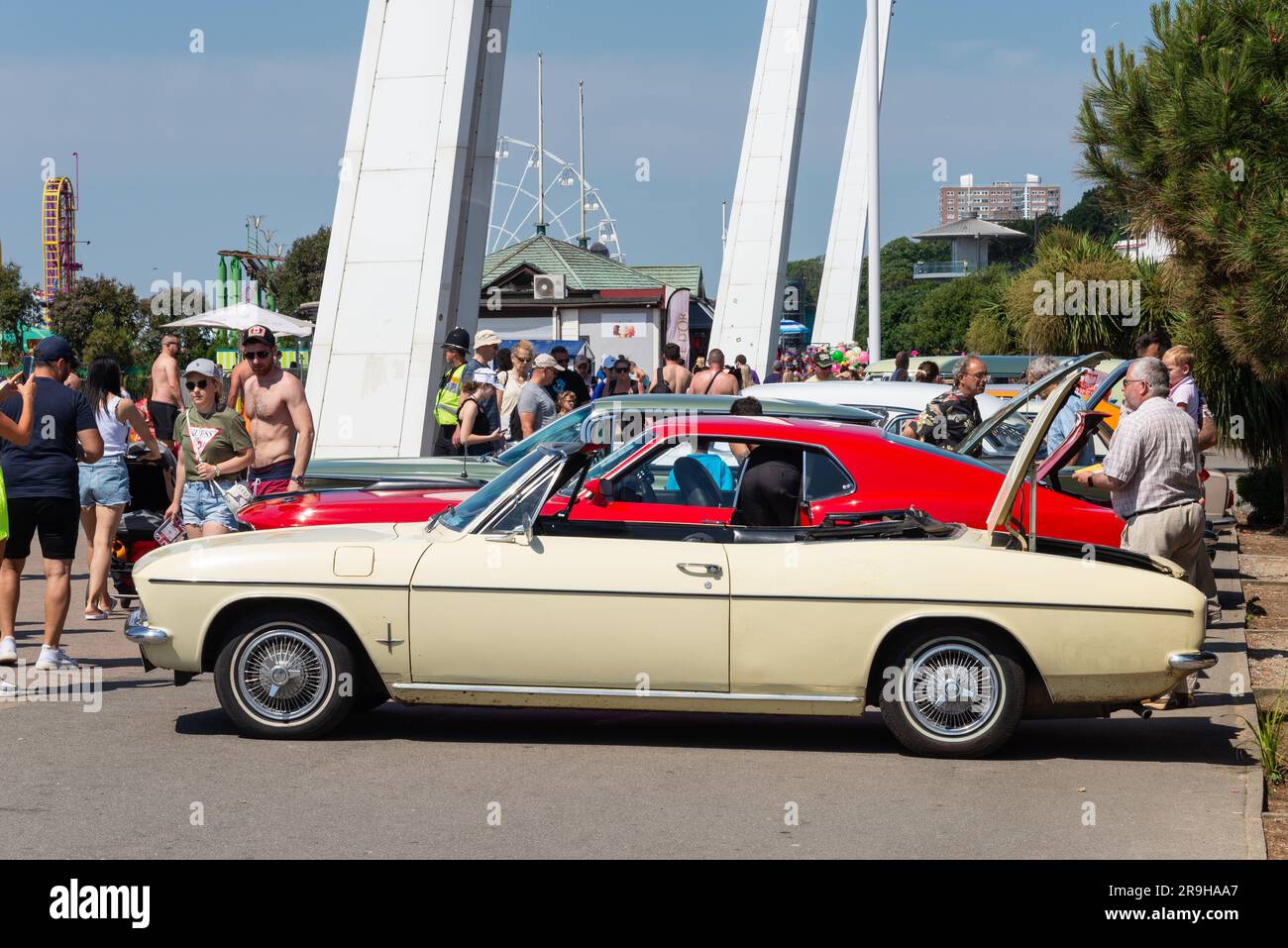 1966 Chevrolet Corvair Monza Mk2 on display after the London to Southend classic car run. On show on the seafront in Southend on Sea, Essex, UK Stock Photo