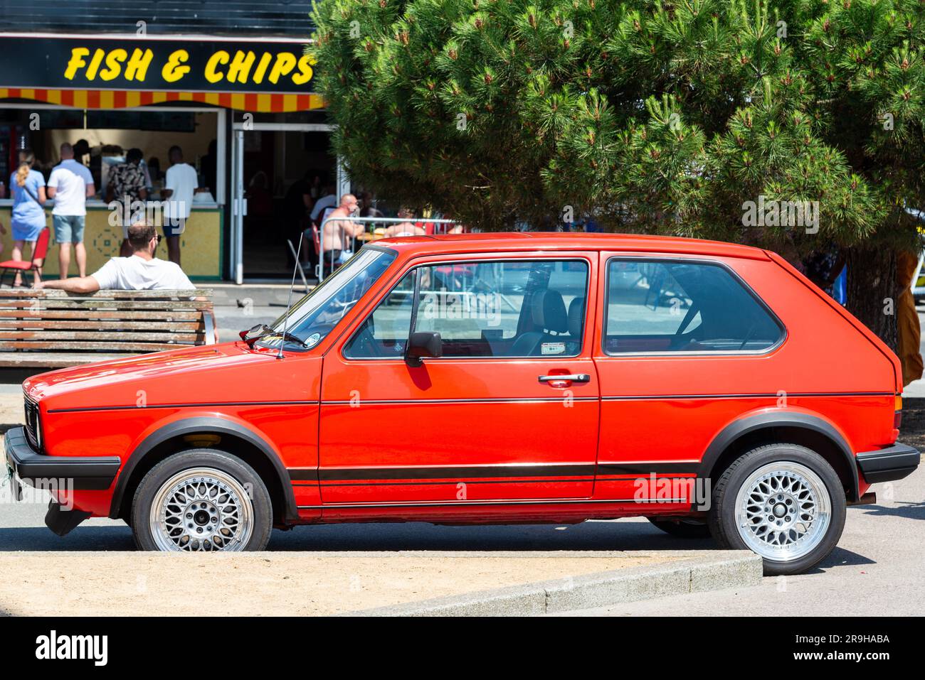 Classic VW Golf Mk1 on display after the London to Southend classic car run. On show on the seafront in Southend on Sea, Essex, UK Stock Photo