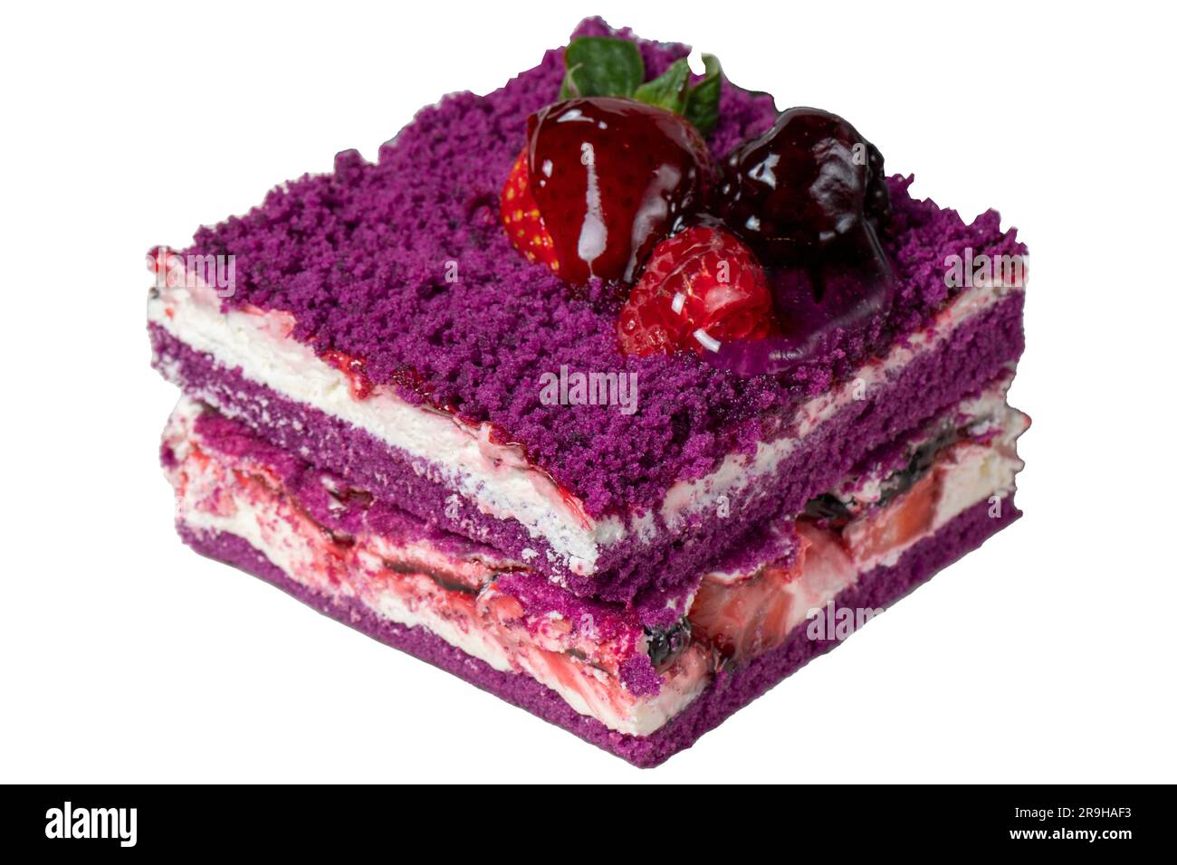 Forest fruit cake slice isolated on white background. Strawberry, blackberry and raspberry, black mulberry cake. Bakery products. close up Stock Photo