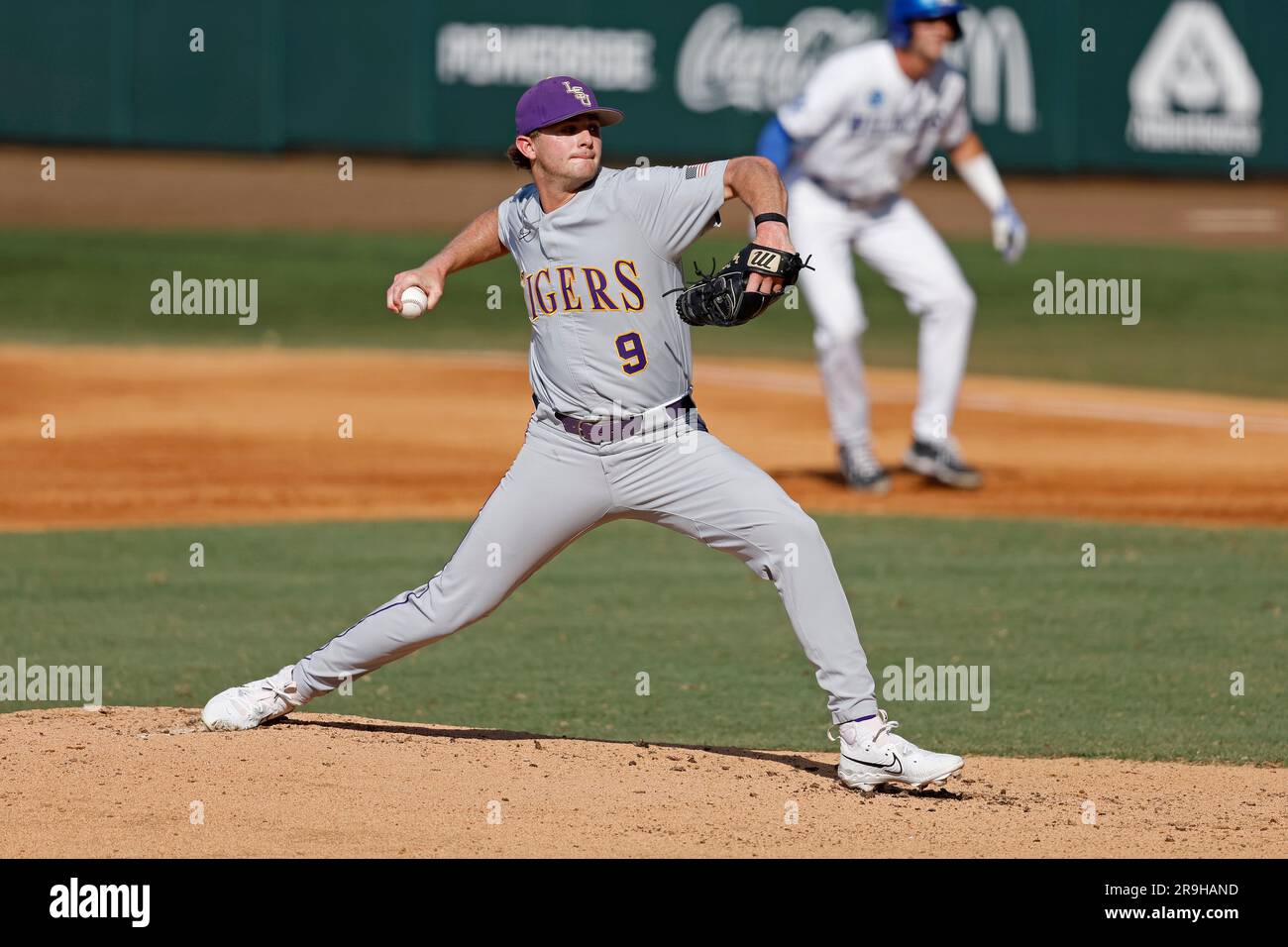 LSU pitcher Ty Floyd (9) throws during an NCAA college baseball tournament super regional game