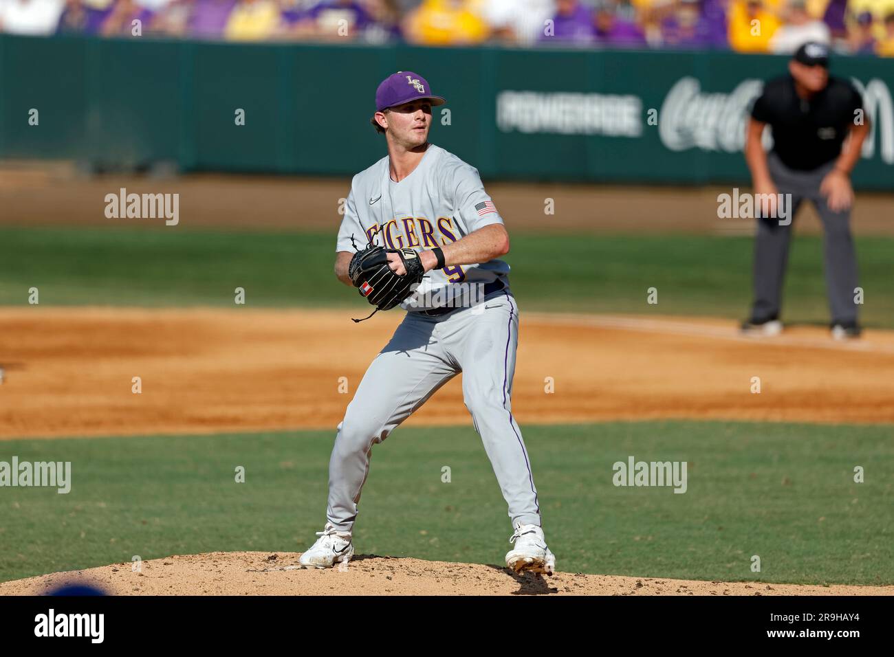 LSU pitcher Ty Floyd (9) throws during an NCAA college baseball tournament super regional game