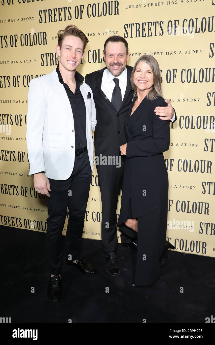 Sydney, Australia. 26th June 2023. World Premiere of ‘Streets of Colour’ red carpet arrivals at Hayden Orpheum Picture Palace, 380 Military Road, Cremorne NSW 2090. Pictured, L-R: Actor Elliot Giarola, Drew Pearson and Jennifer Birdsall. Credit: Richard Milnes/Alamy Live News Stock Photo
