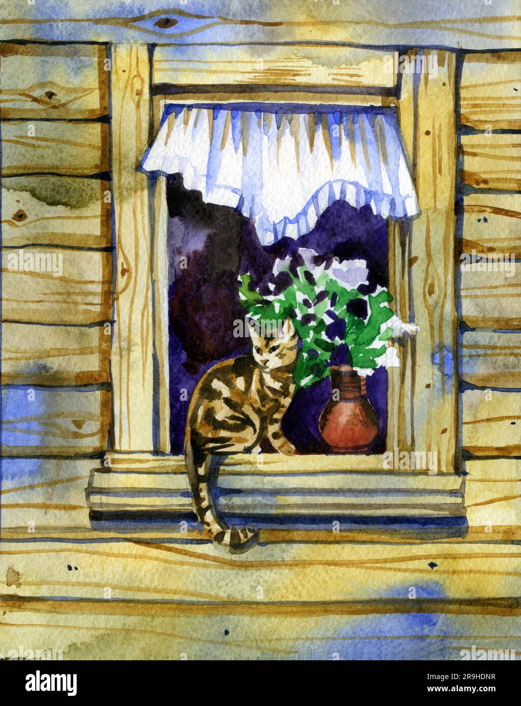 Watercolor rustic wall with open window background Stock Photo - Alamy