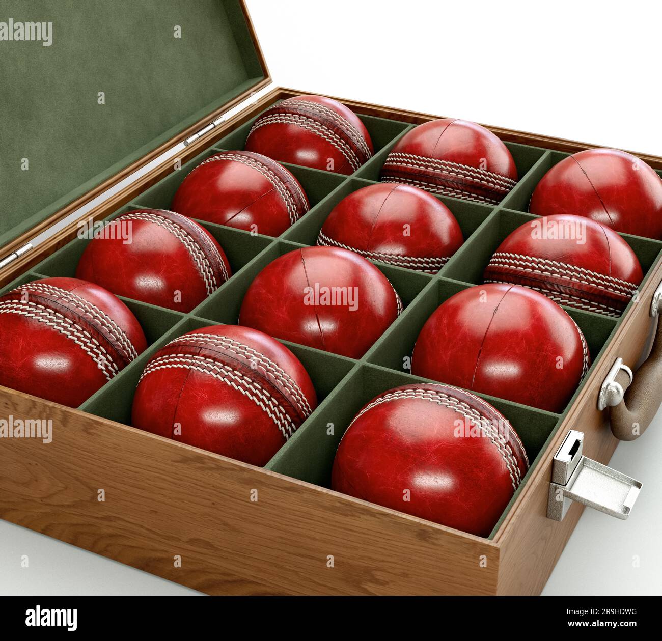 Twelve generic red cricket balls in a wooden display box lined with felt on an  isolated white background - 3D render Stock Photo