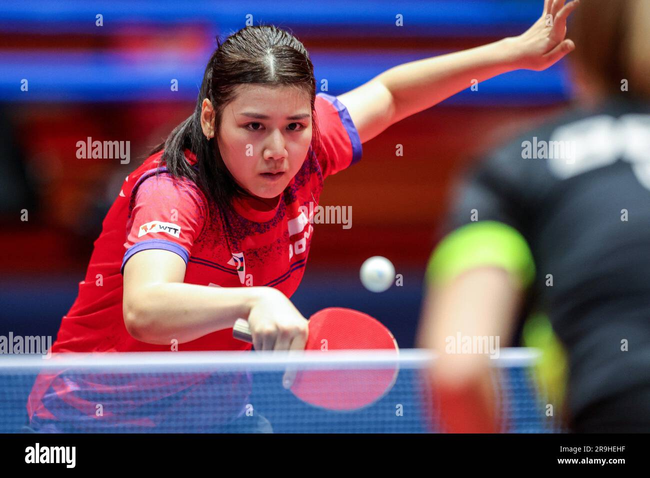 Zagreb. 26th June, 2023. Wong Xin Ru of Singapore competes during the women's singles qualification round 1 match against Chantal Mantz of Germany at the WTT Contender Zagreb 2023 in Zagreb, Croatia on June 26, 2023. Credit: Igor Kralj/PIXSELL via Xinhua/Alamy Live News Stock Photo