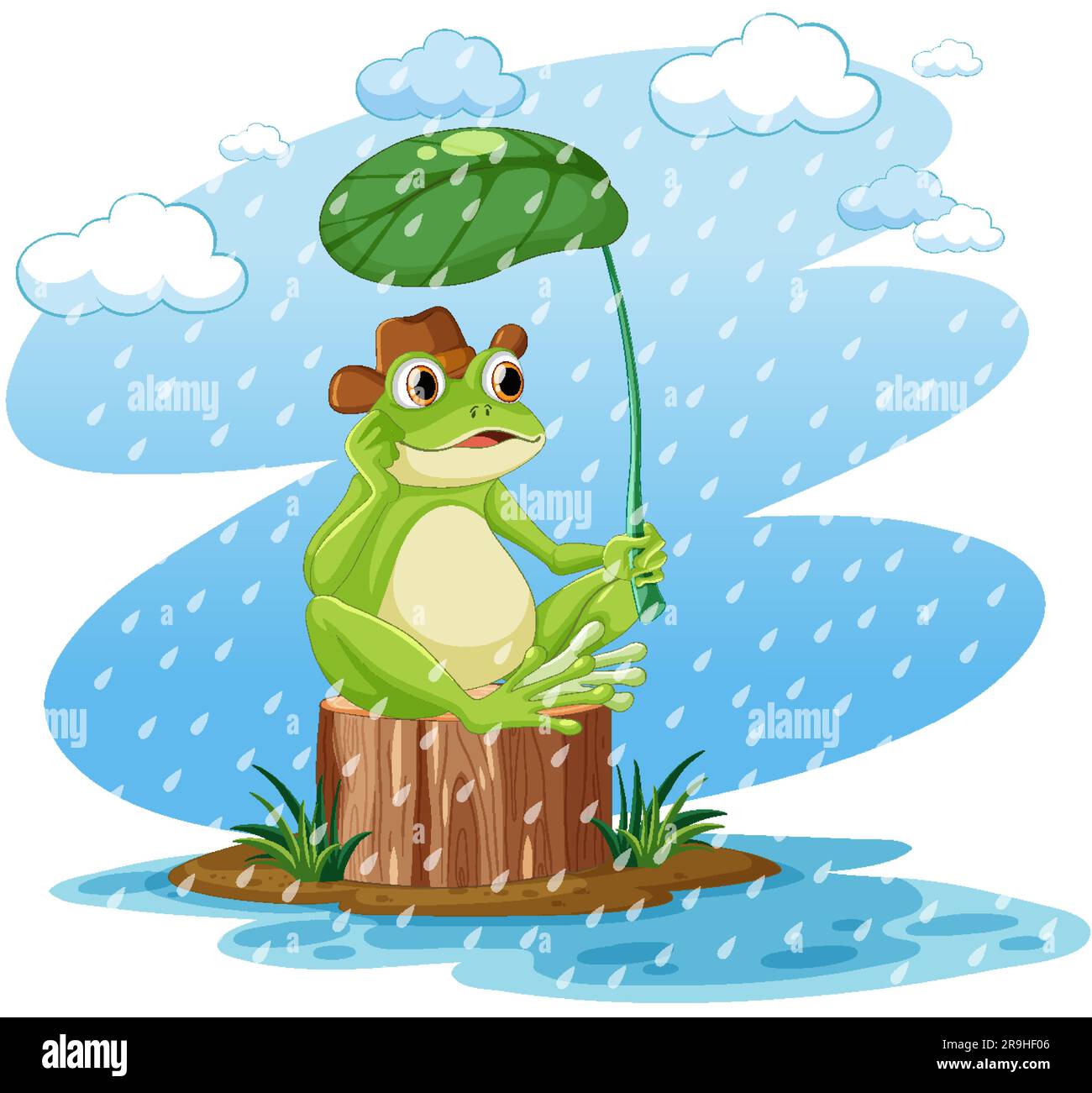 Green Frog Cartoon Character Holding Leaf Umbrella illustration Stock