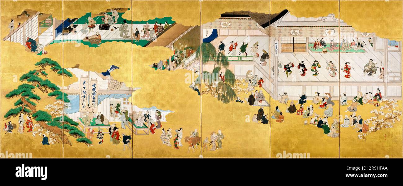 Hishikawa Moronobu, Scenes from the Nakamura Kabuki Theater, six panel folding screen, painting in ink and colour on gold-leafed paper, 1684-1704 Stock Photo