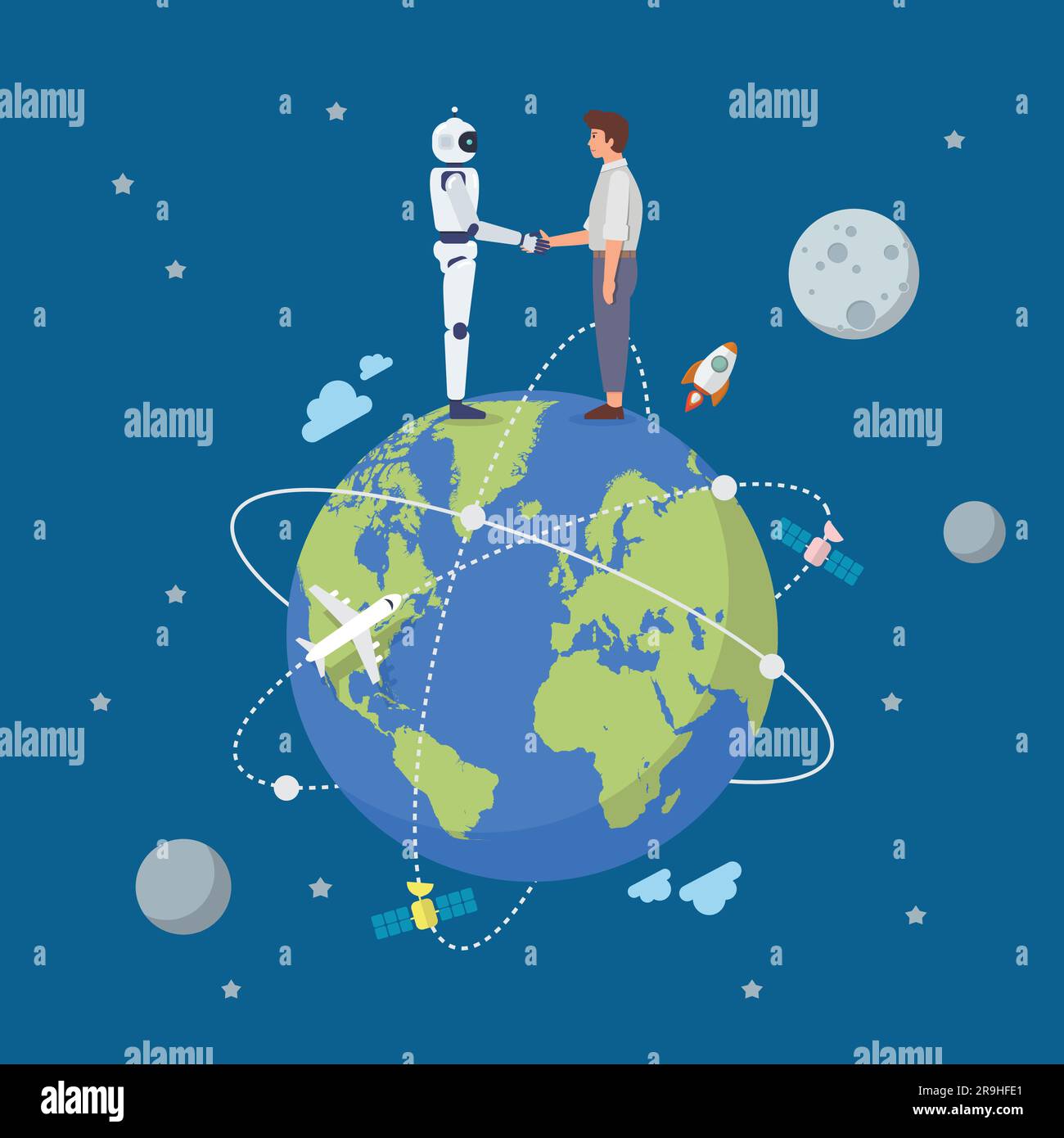 Handshake between man and robot over the earth. Human and AI Artificial Intelligence working together. future cooperation artificial intelligence glob Stock Vector