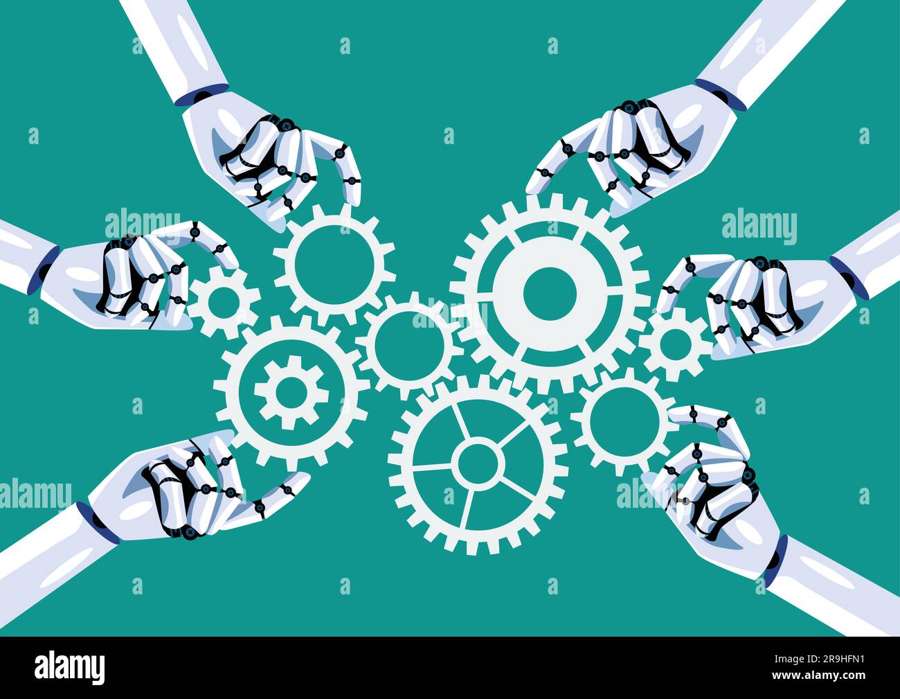 Robot hands insert gears together. Technology concept Stock Vector