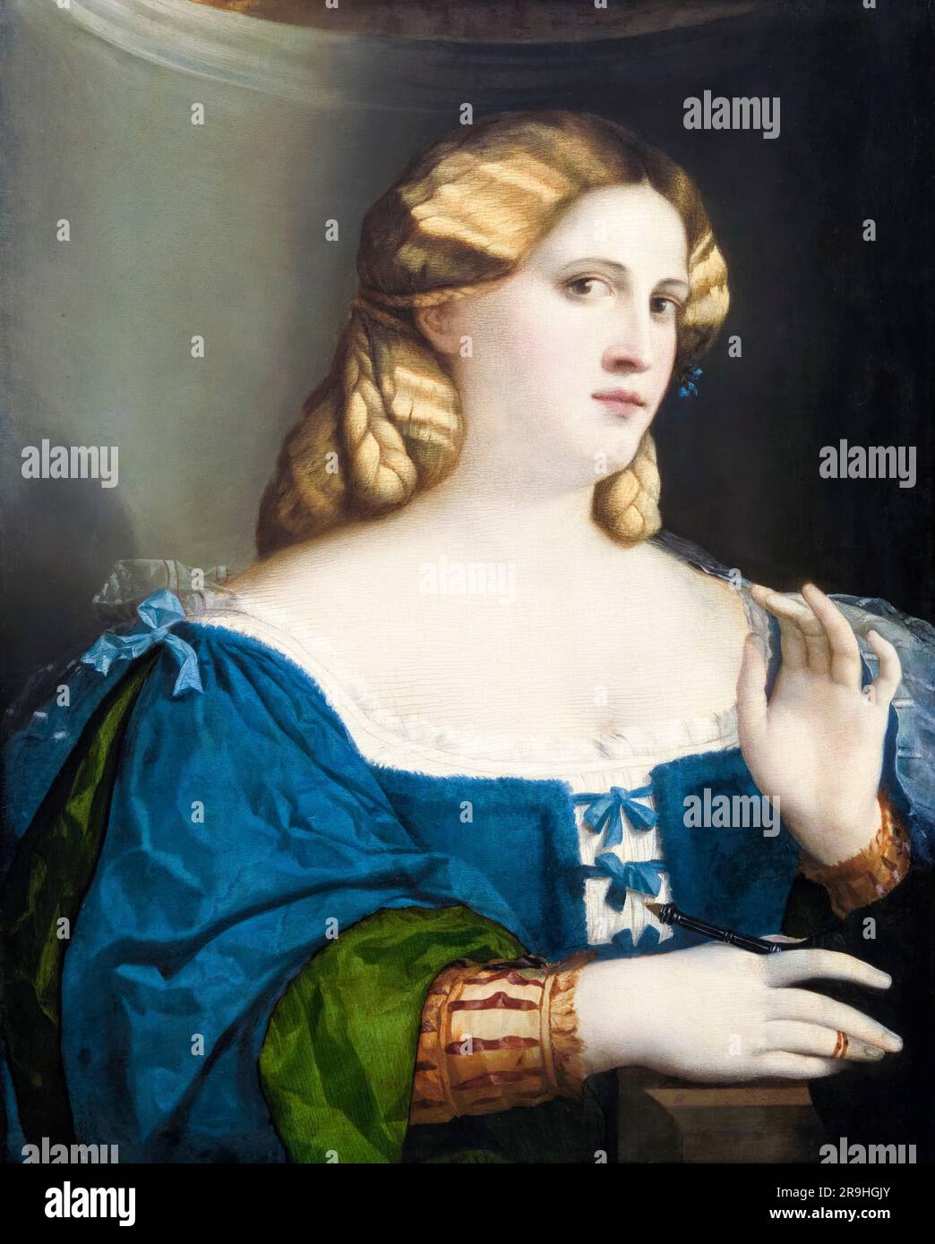 Palma Vecchio, Young Woman in a Blue Dress with Fan, portrait painting in oil, 1512-1514 Stock Photo