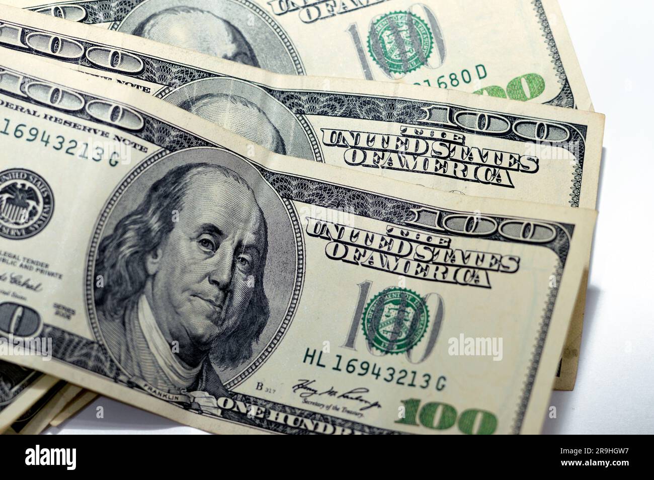 pile of 100 one hundred dollar banknote currency cash money old series with the portrait of president Benjamin Franklin on obverse and independence ha Stock Photo