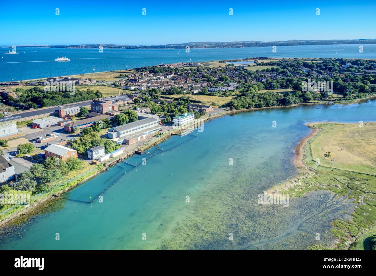 Gosport park looking towards Stokes Lake and the entrance to Portsmouth harbour. Aerial view. Stock Photo