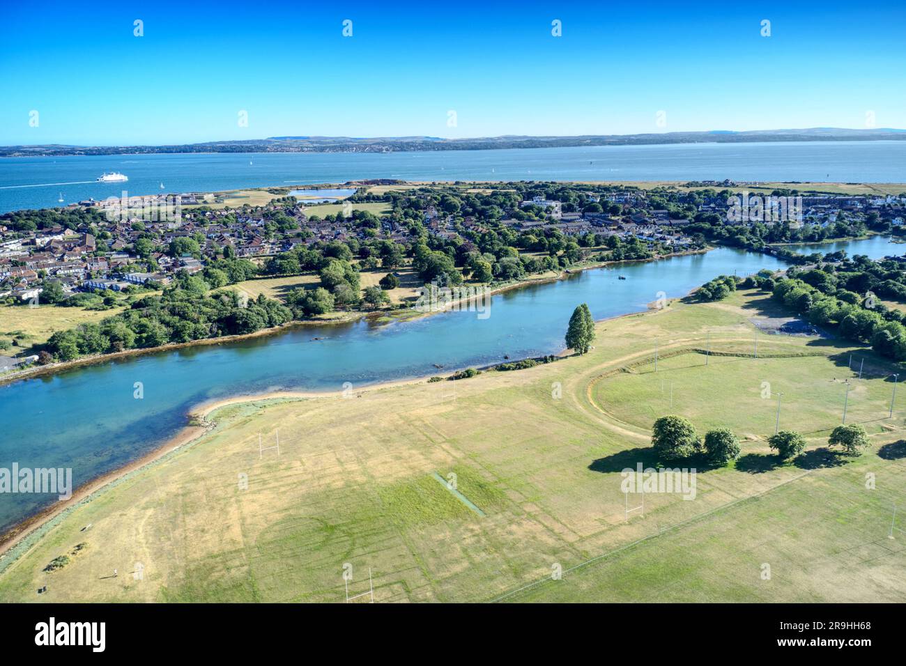 Gosport park towards Stokes Lake and  the entrance to Portsmouth harbour. Aerial view. Stock Photo