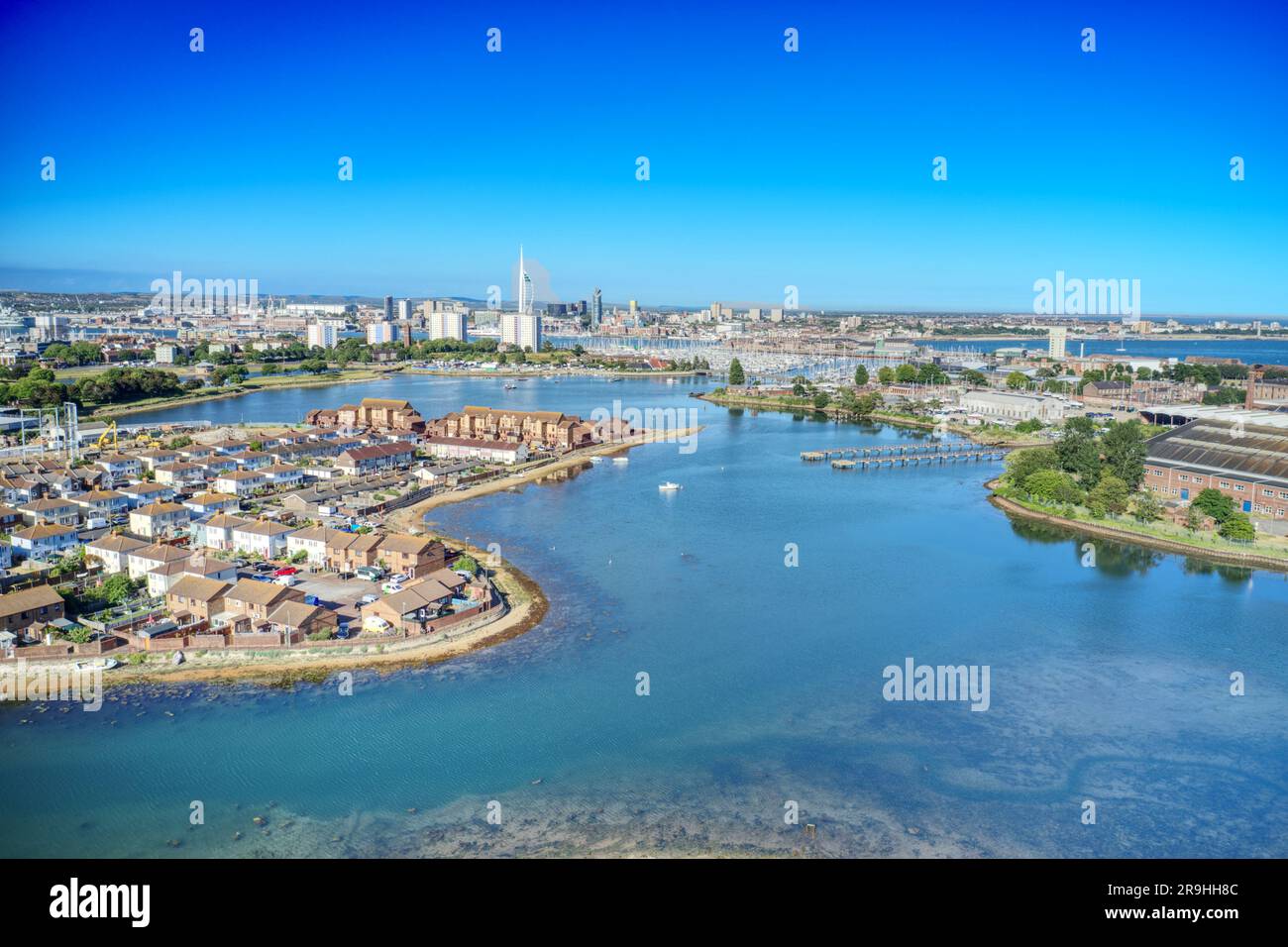Haslar lake in Gosport towards Haslar Marina and Portsmouth harbour. Aerial photo. Stock Photo