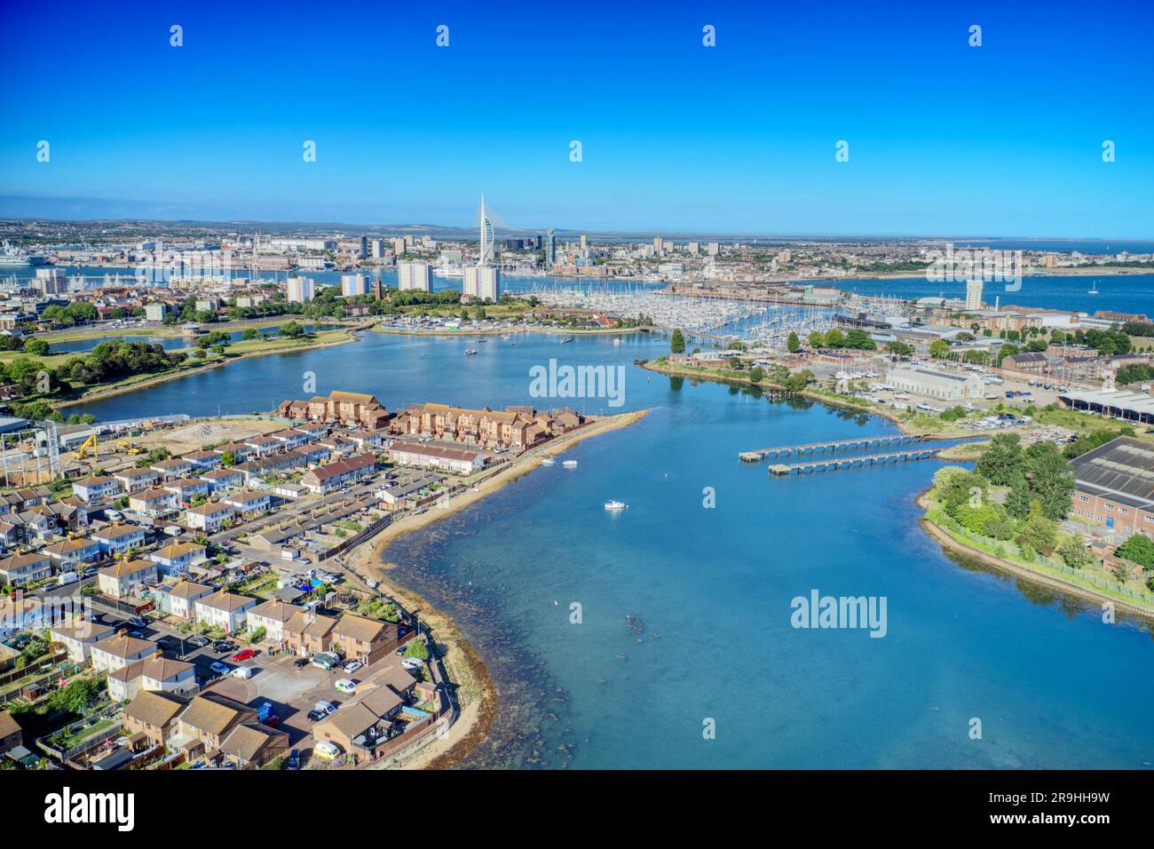 Haslar lake in Gosport towards Haslar Marina and Portsmouth harbour. Aerial view. Stock Photo