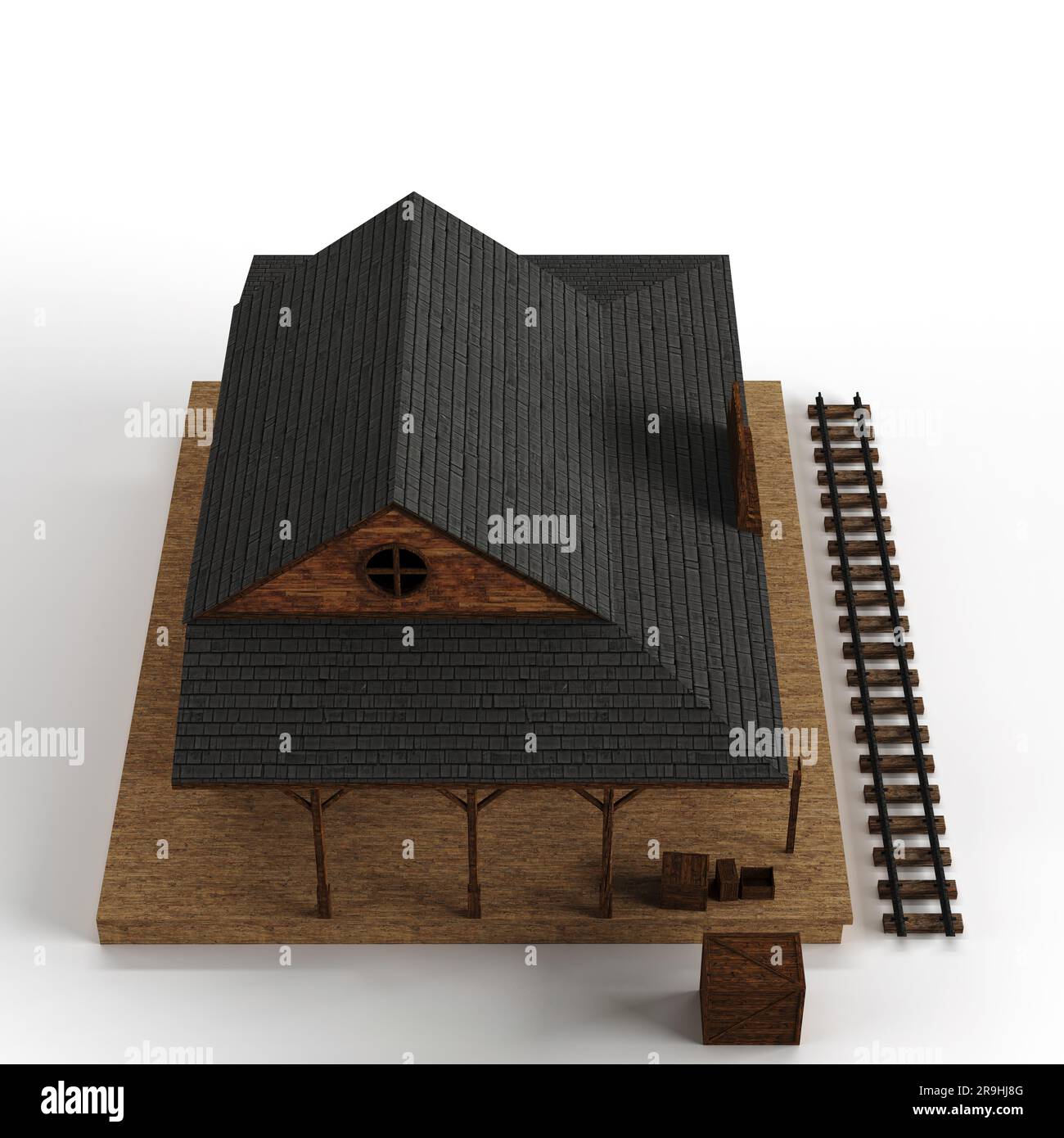 A overhead shot of a 3D rendered scale model of an old train station