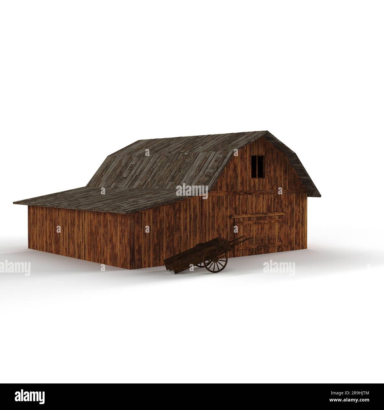 A 3D rendered scale model of an old barn with a wooden cart Stock Photo