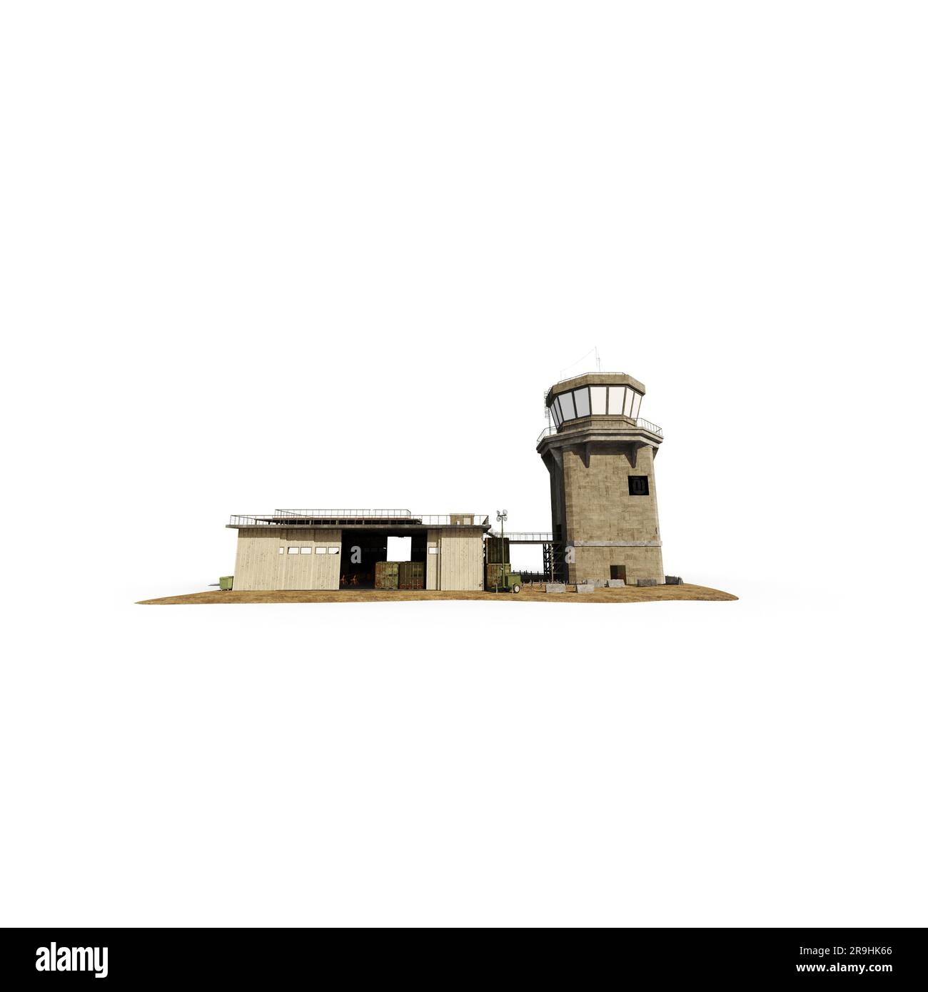 A 3D rendered scale model of a watch tower with a logo and green crates