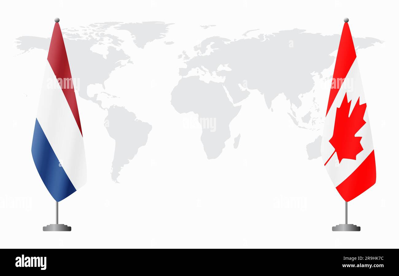 Netherlands and Canada flags for official meeting against background of