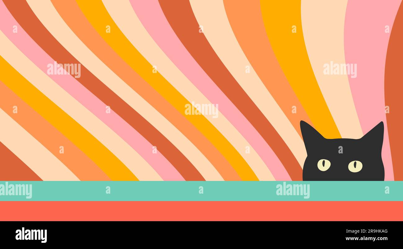 Retro groovy colorful abstract background with cute black cat. Horizontal backdrop with waves and kitten head face silhouette in retro style 60s, 70s Stock Vector