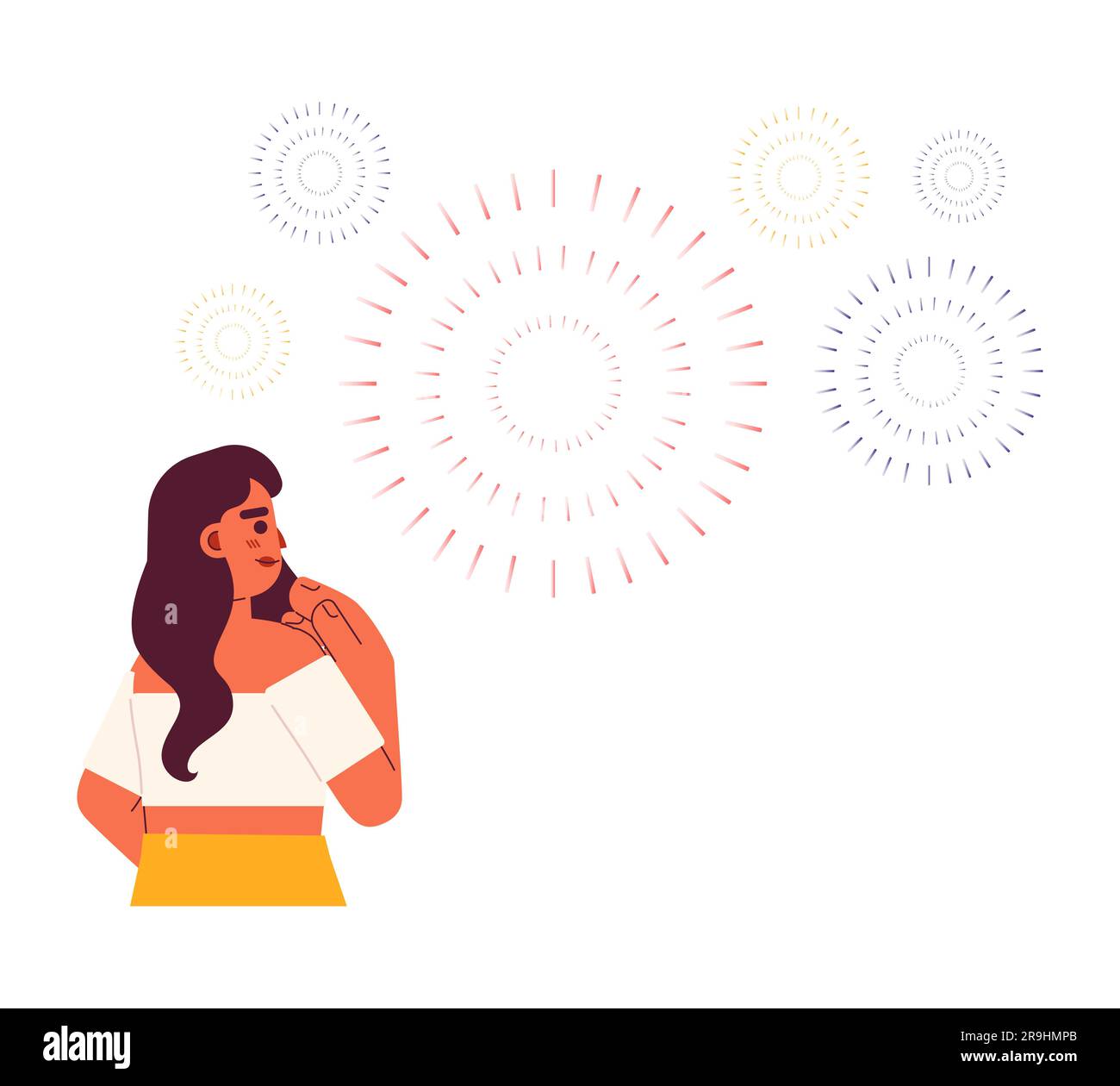Young indian woman watching fireworks semi flat colorful vector character Stock Vector