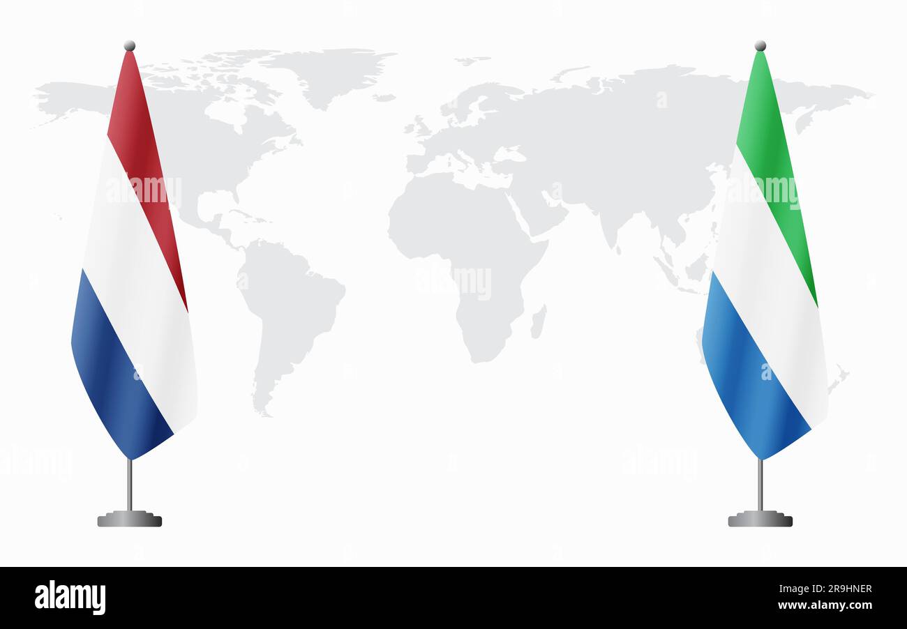 Netherlands and Sierra Leone flags for official meeting against background of world map. Stock Vector