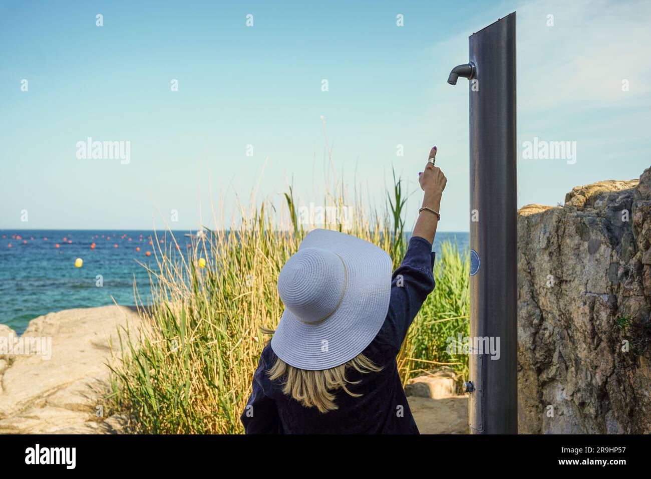 beach shower without water due to drought and climate change. global