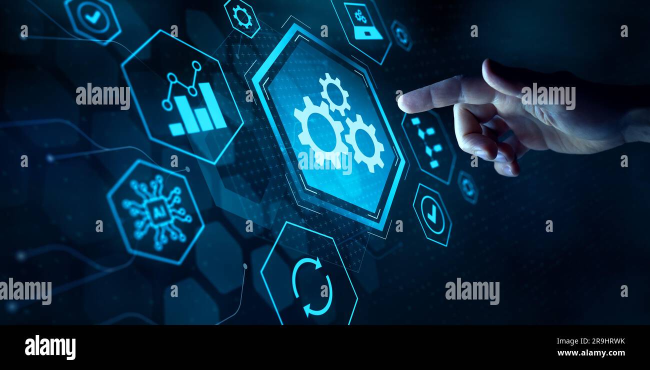 Automation for business process workflow optimization and production efficiency improvement. Robotic process automation and business process managemen Stock Photo
