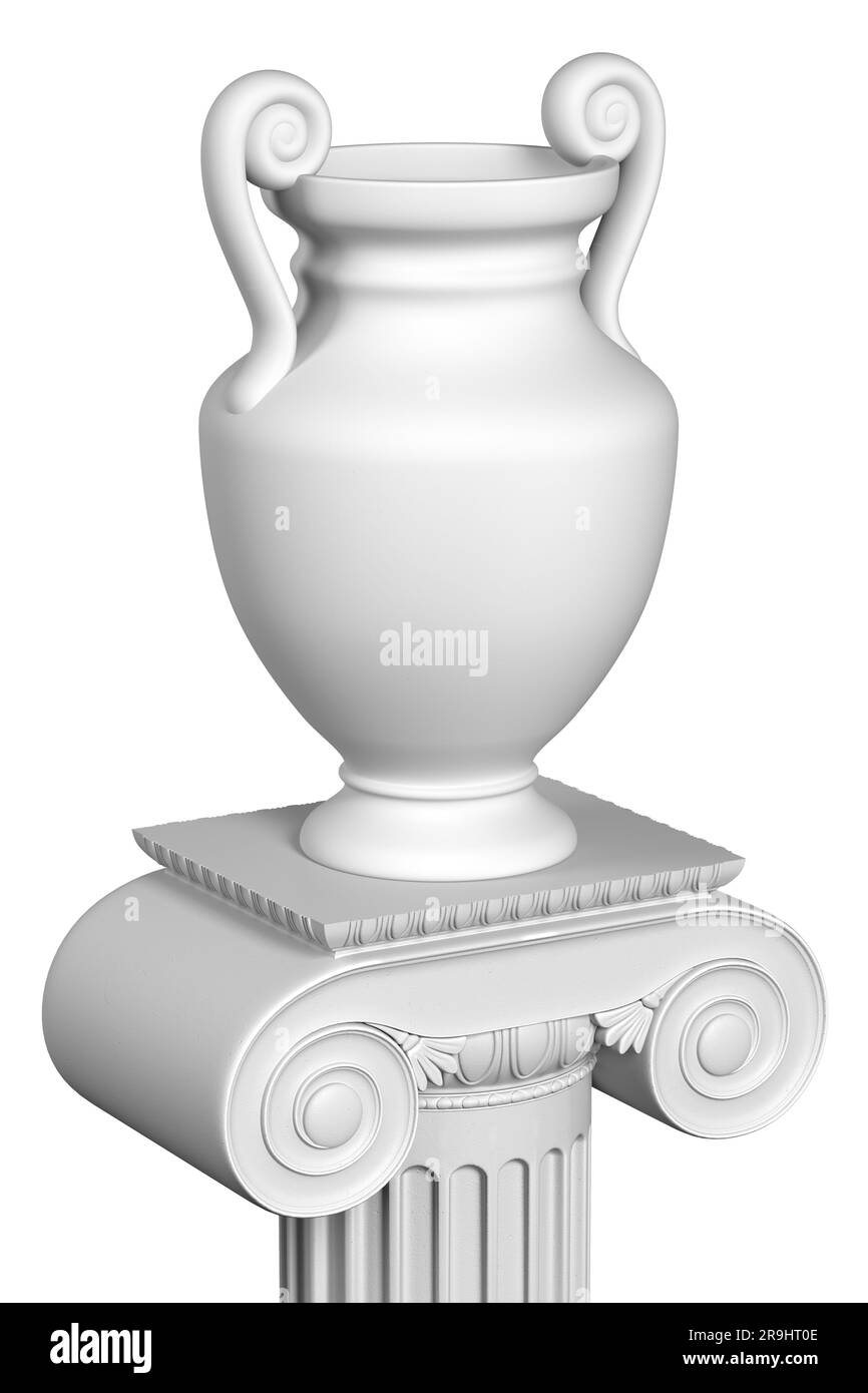 A white ancient Greek vase without a pattern stands on a pedestal