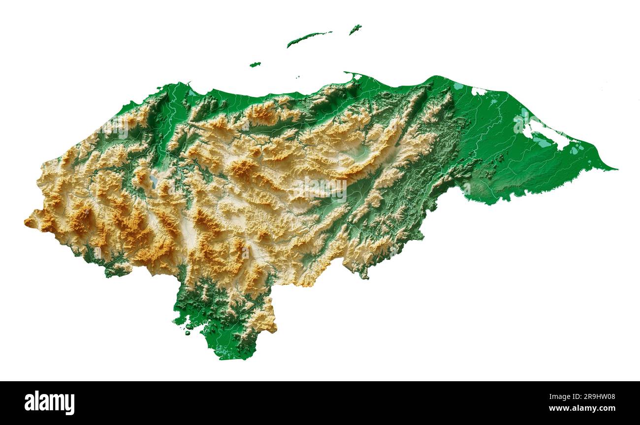 Honduras. Highly detailed 3D rendering of shaded relief map with rivers and lakes. Colored by elevation. Pure white background. Basis: satellite data. Stock Photo