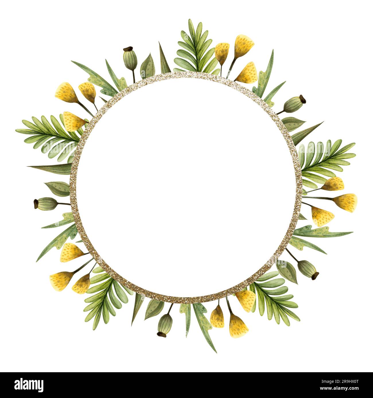 Field flowers, poppy seed box and grass watercolor wreath illustration. Green and yellow round frame template Stock Photo