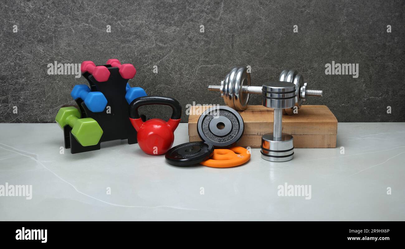 combine shot of home gym equipments Stock Photo