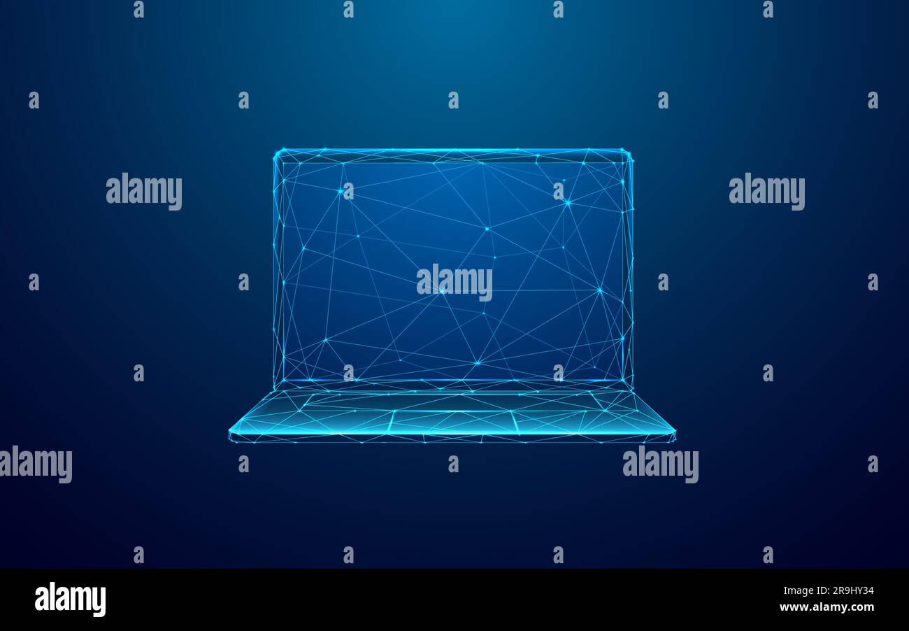 Low Poly Laptop in Technological Blue Color on Dark Background Stock Vector