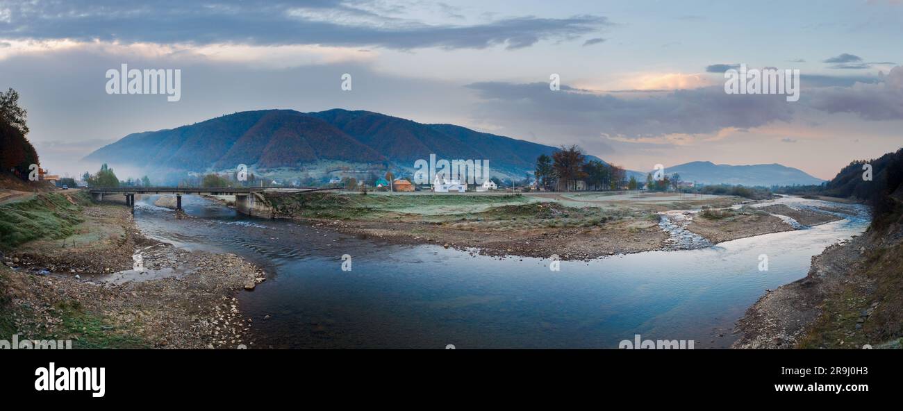 Autumn misty morning mountain village panorama (Kolochava, Carpathian ...