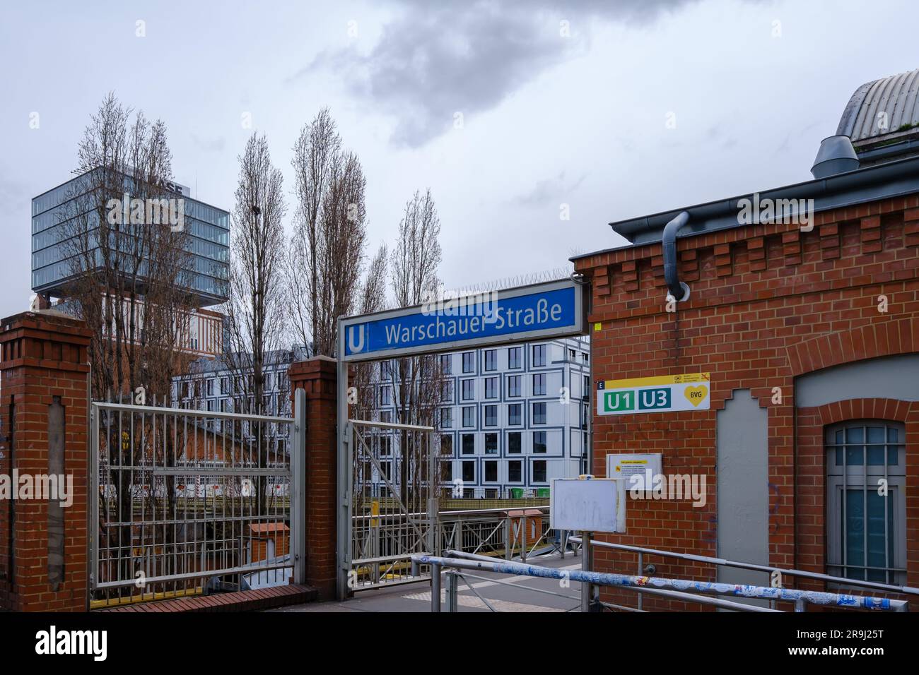 Berlin, Germany  - April 18, 2023 : View of the Overground metro station Warschauer Strasse in Berlin Germany Stock Photo