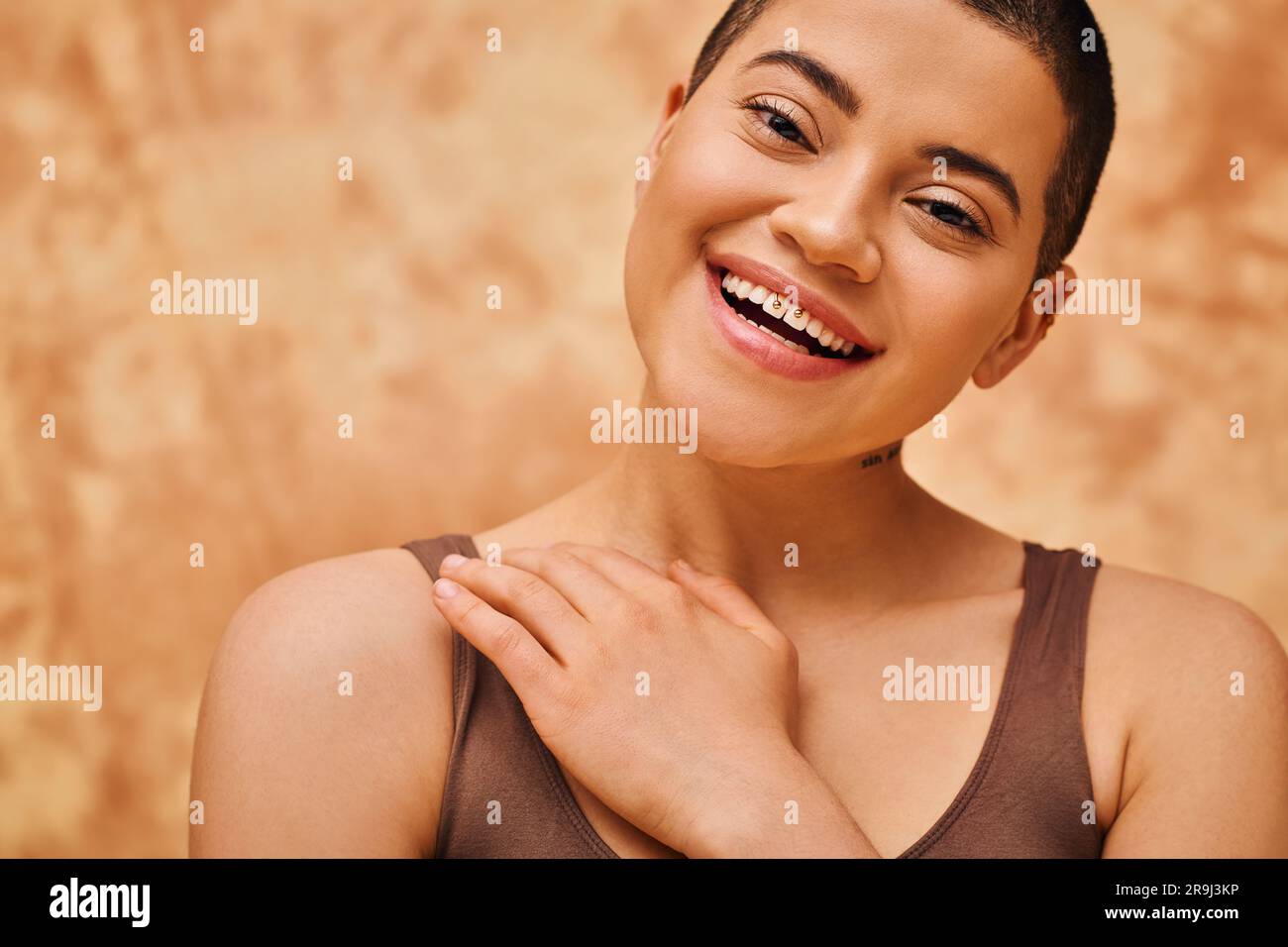 natural look, self-acceptance, young woman with short hair posing on 