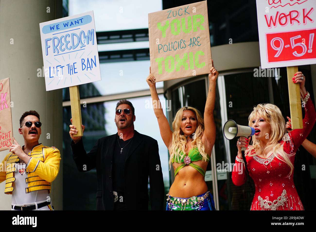 Celebrity impersonators banned from Facebook protest outside the