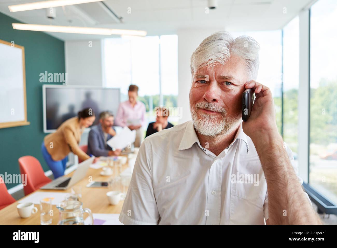 Portrait of bearded senior businessman talking on smart phone Stock Photo
