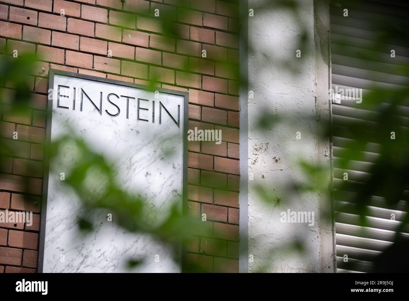 Berlin, Germany. 27th June, 2023. View of a sign 'Einstein' on the outer facade of the building. One of the capital's best-known cafés, Berlin's Café Einstein Stammhaus, has filed for insolvency. In addition to the main building on Kurfürstenstraße, the two newer restaurants of the operating company, the Amon on Gendarmenmarkt and the PHP in the Europaviertel, are also affected, according to a statement from the company Credit: Hannes P. Albert/dpa/Alamy Live News Stock Photo