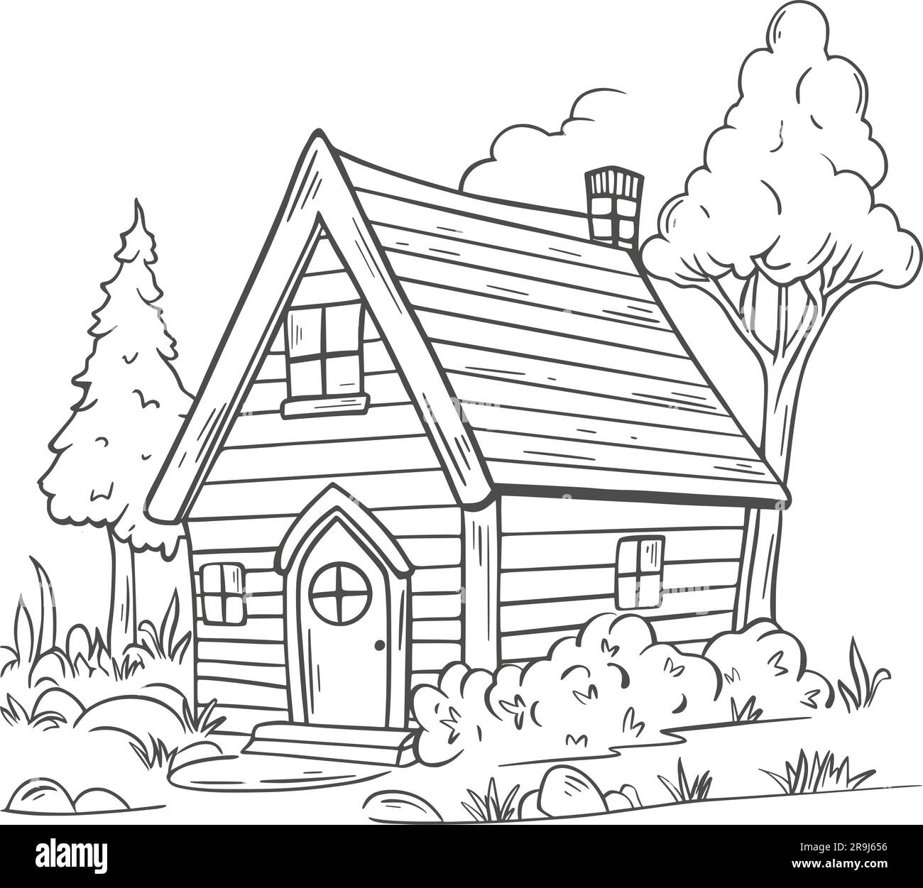 Hand drawn wooden village house. Sketch house with trees, bushes and herbs. Rustic cottage, cartoon, vector illustration Stock Vector