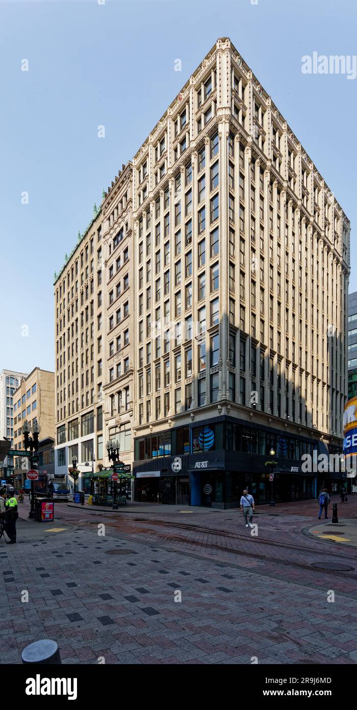 Oliver Ditson Building, a brick-and-limestone office building, was erected in 1901 at 449 Washington Street in Boston’s Financial District. Stock Photo