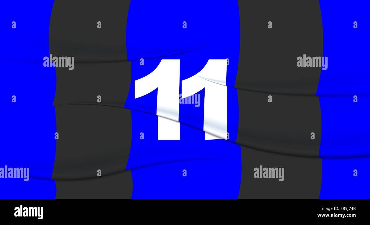 Blue footballer's number on a football jersey. 11 Numbered print